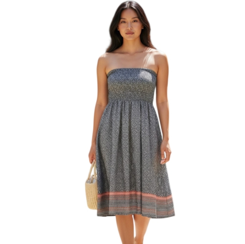 ATMOSPHERE BLACK & WHITE W/ ORANGE/CORAL STRIPE STRAPLESS DRESS SZ.8 EUC.